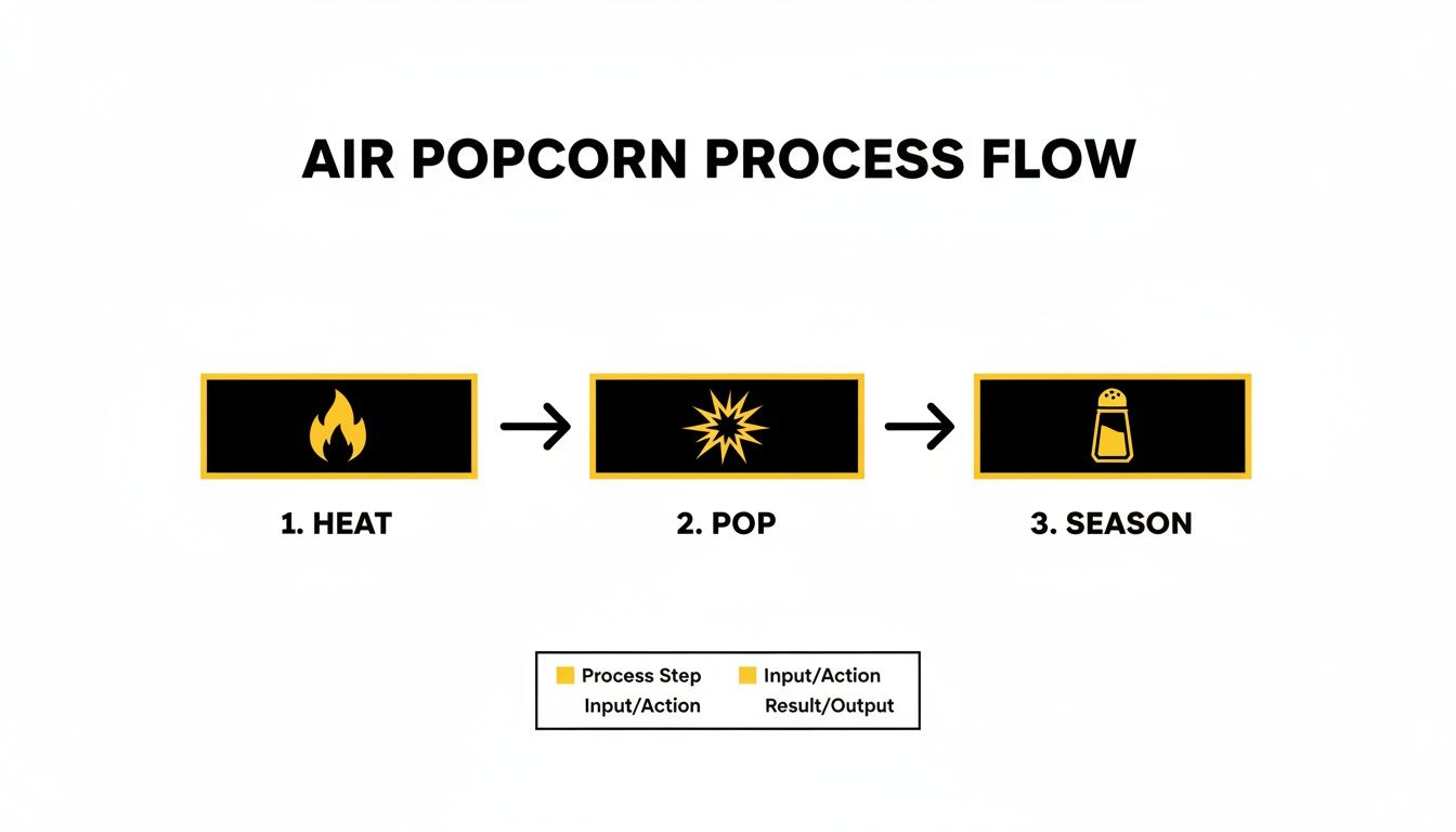 A simple process flow diagram illustrates the three steps for making air popcorn: heat, pop, and season.