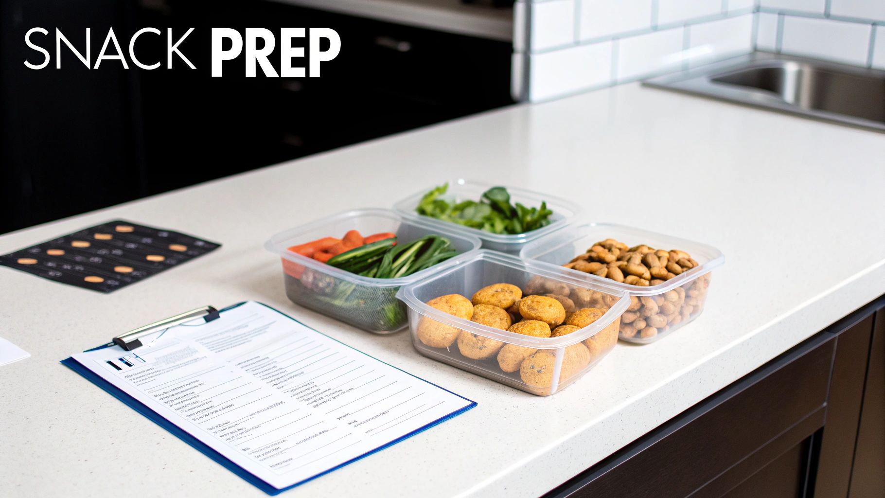A person preparing healthy snacks in their kitchen for the week