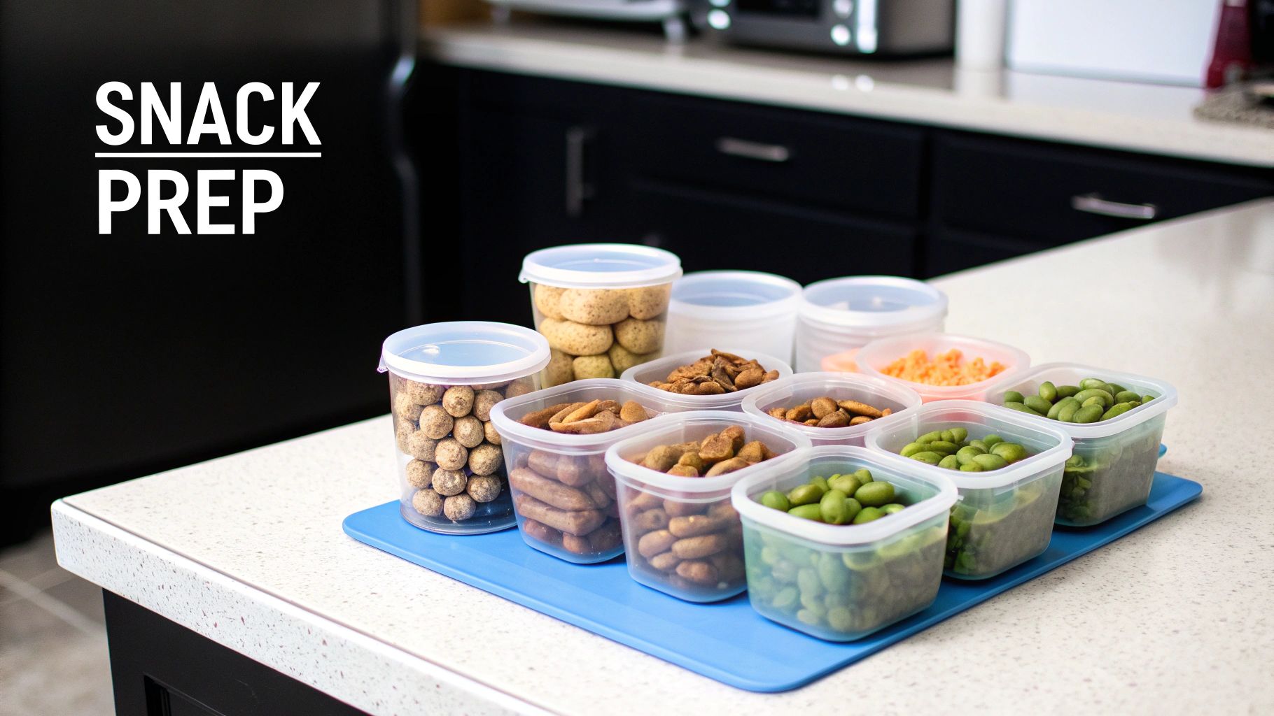 Various healthy snacks like nuts, cookies, and edamame, prepped in containers on a kitchen counter.