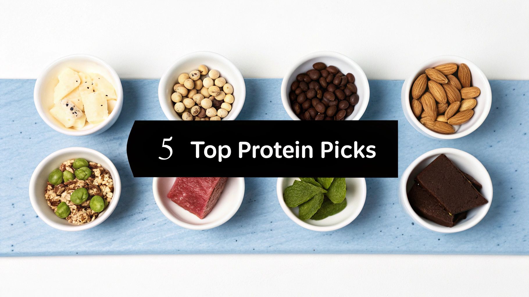 Eight white bowls containing protein-rich foods including almonds, coffee beans, meat, and nuts arranged on blue surface