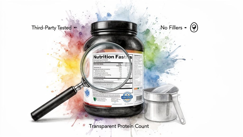 Magnifying glass on protein powder nutrition label highlighting third-party testing, no fillers, and transparent protein count.