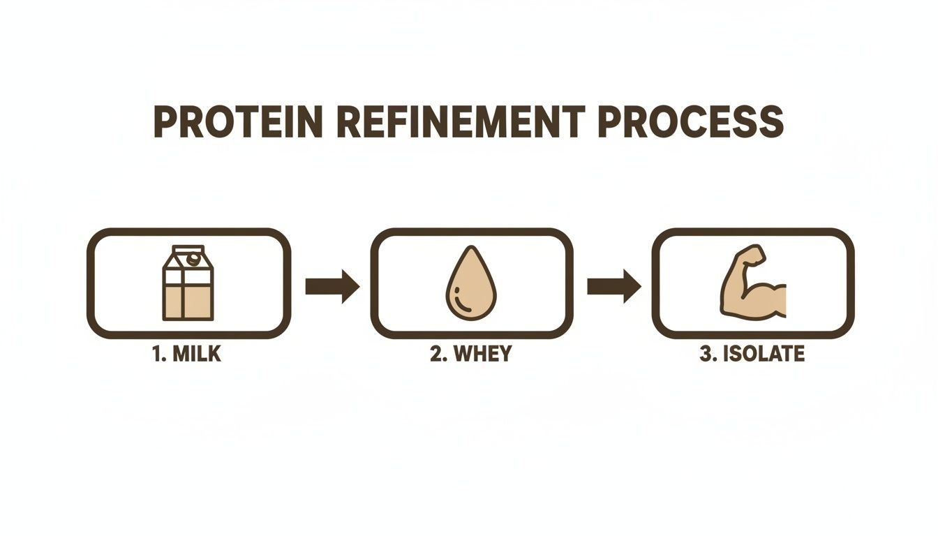 Infographic illustrating the protein refinement process, showing milk converting to whey, and then to isolate.
