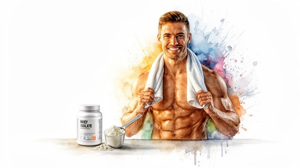 A muscular, smiling man with a towel, standing next to a whey protein isolate tub and scoop.