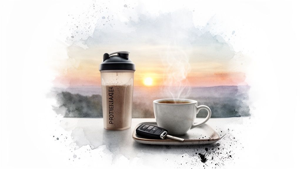 A protein shaker, steaming coffee cup, and car keys on a saucer, with a watercolor sunrise background.