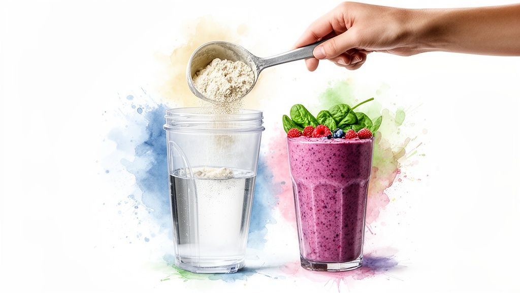 A hand pours protein powder into water in a shaker bottle, next to a berry spinach smoothie.