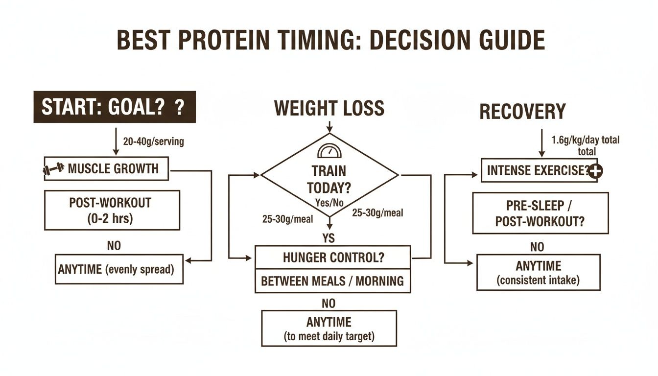 Decision guide flowchart illustrating optimal protein timing for muscle growth, weight loss, and recovery.