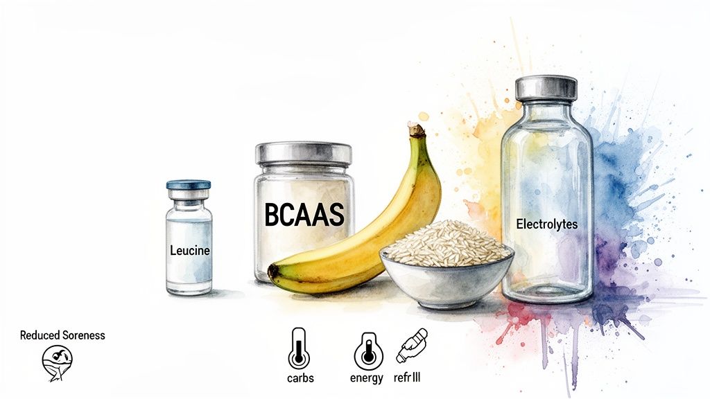 Nutritional supplements and foods like leucine, BCAAs, banana, rice, and electrolytes for post-exercise recovery.