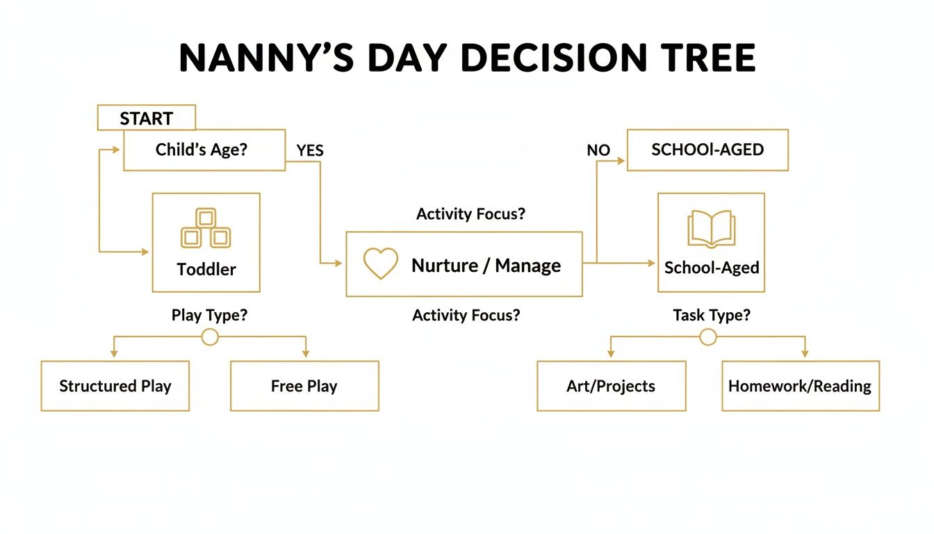 A flowchart depicting a nanny's daily decision process, categorizing activities for toddlers and school-aged children.