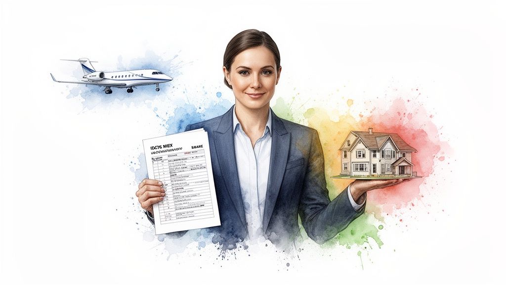 Smiling businesswoman holding property documents, a miniature house, and a private jet, representing wealth management.