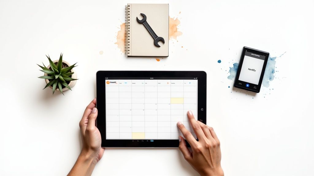 A professional house manager reviews a checklist on a tablet in a modern, well-organised kitchen.