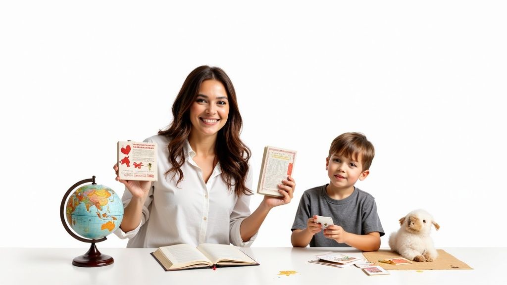 Smiling teacher and young student at desk with educational materials and globe