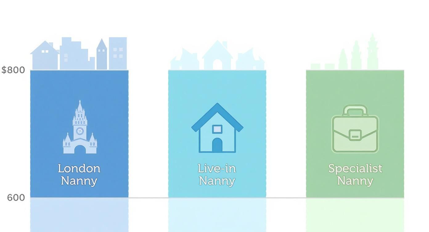 Comparison chart showing three types of nannies: London nanny, live-in nanny, and specialist nanny with cost indicators