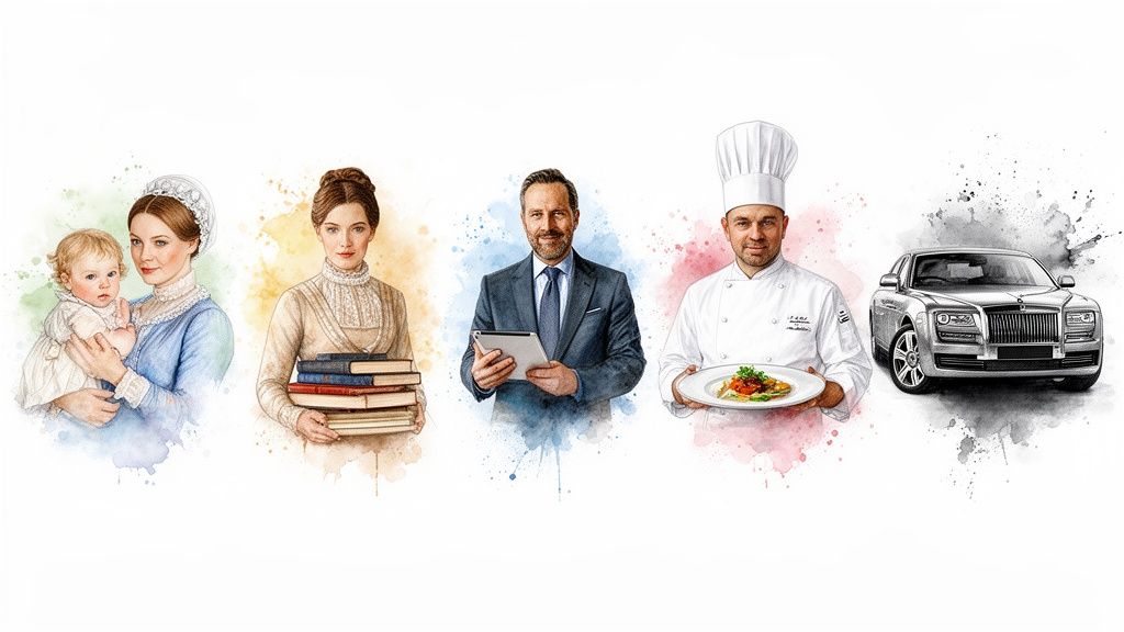 Watercolor illustrations: mother and child, scholar, businessman, chef, and luxury car.