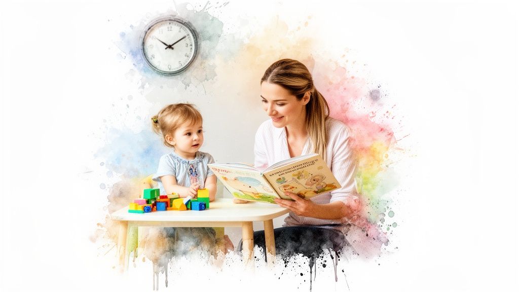 A smiling nanny reads a storybook to a toddler playing with colorful blocks at a table.