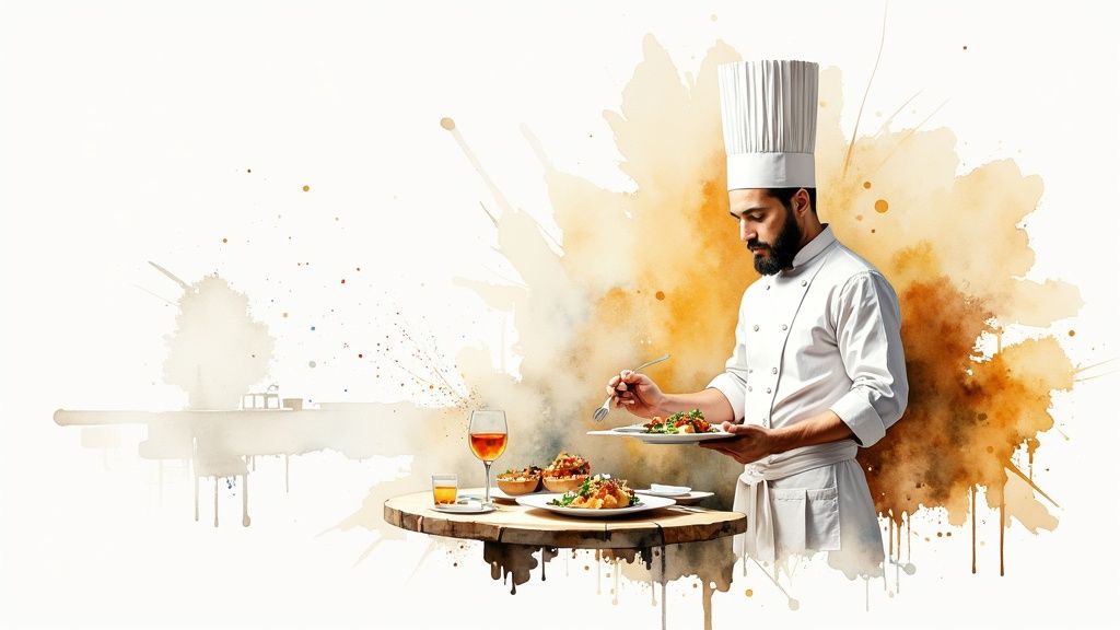 A private chef carefully plating a gourmet dish in a modern home kitchen.