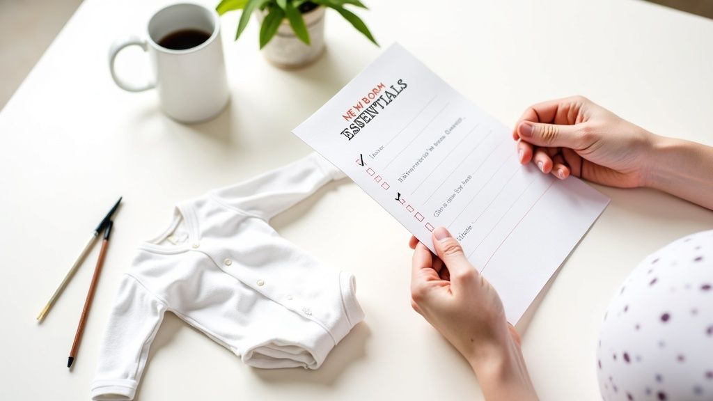 Hands holding a newborn essentials checklist with checked boxes and baby clothes on a white table.