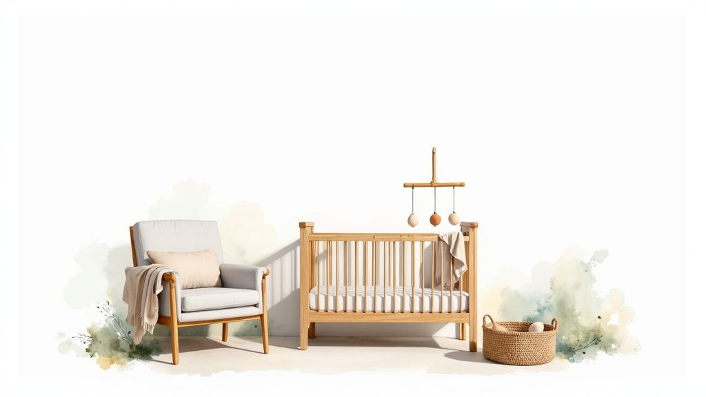 Minimalist baby nursery with a light wood crib, comfortable armchair, and woven storage basket.