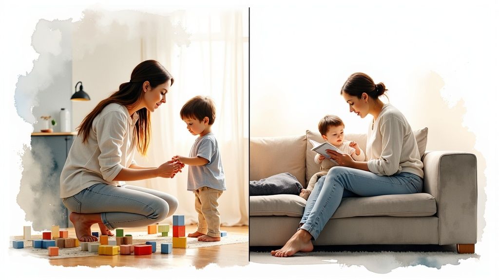 A nanny smiling while holding a young child's hand in a park.
