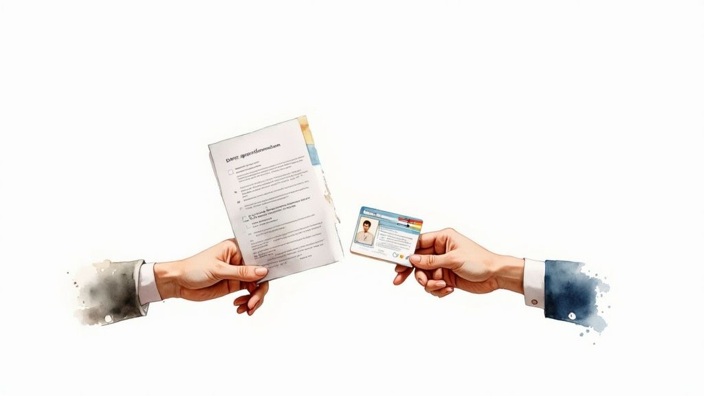 Two hands exchanging an application form and an ID card, symbolizing documentation and identity verification.