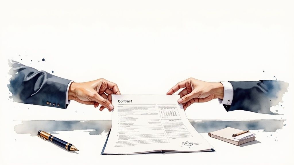 Two business hands holding a contract document, symbolizing agreement or partnership, in a watercolor illustration.