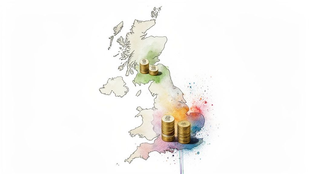 Watercolor map of the United Kingdom with golden coin stacks indicating regional costs.