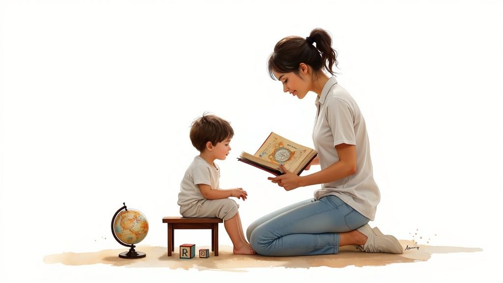 Mother reading educational book to young child sitting on small wooden chair at home