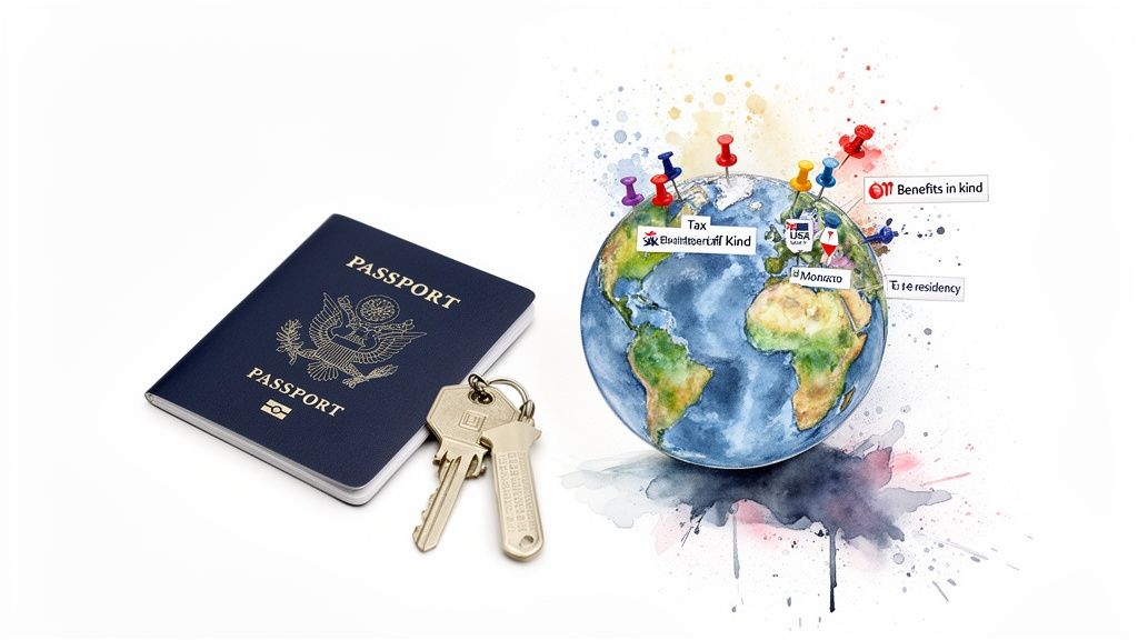 A passport and keys next to a watercolor globe marked with pins and labels like Tax and Residency.