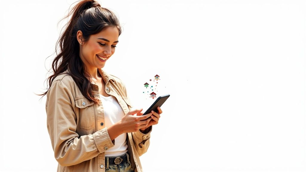 A nanny smiling and playing with two young children in a bright, modern living room.