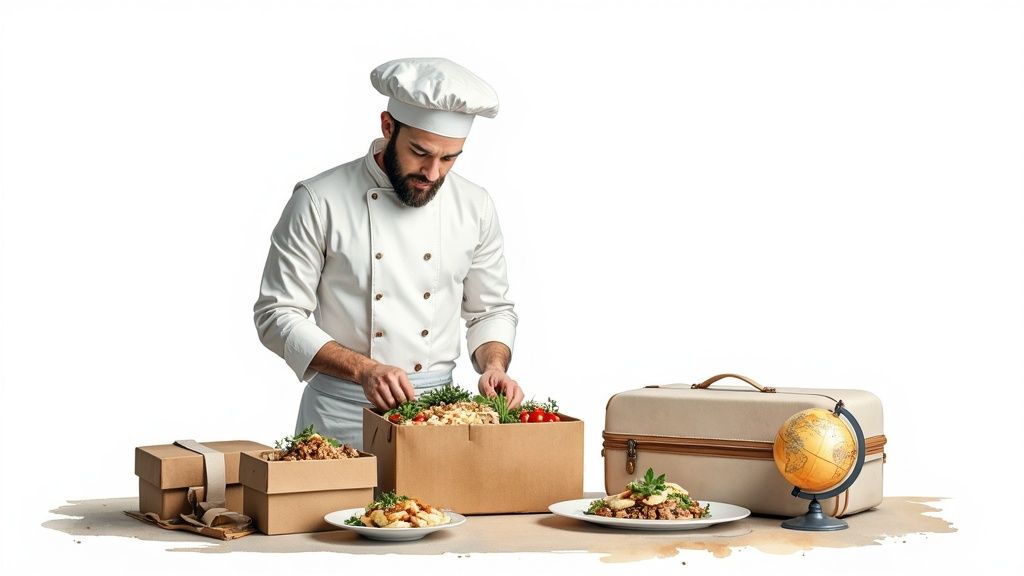 A chef carefully packs gourmet meals into cardboard boxes, with a travel suitcase and a globe in the background.
