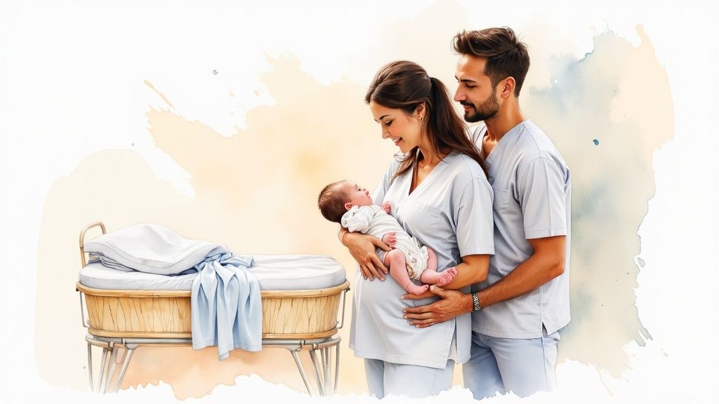 Young parents holding newborn baby next to wicker bassinet in nursery room