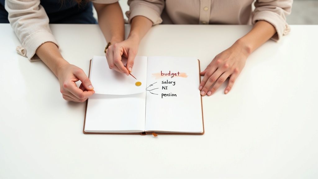 Two professionals reviewing budget breakdown for salary, national insurance, and pension contributions in notebook