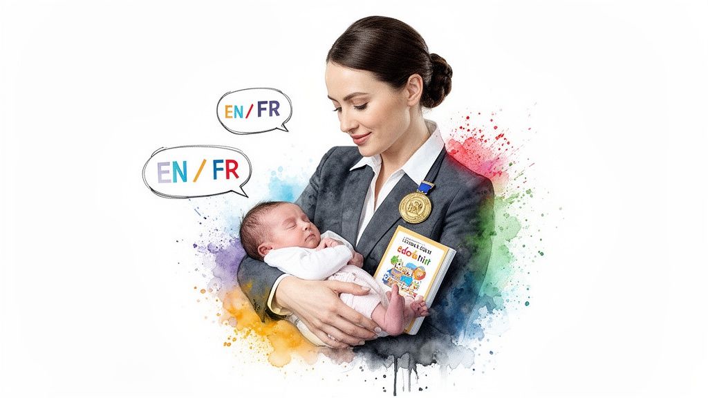 Professional woman holding a sleeping baby and a bilingual children's book with colorful splashes.