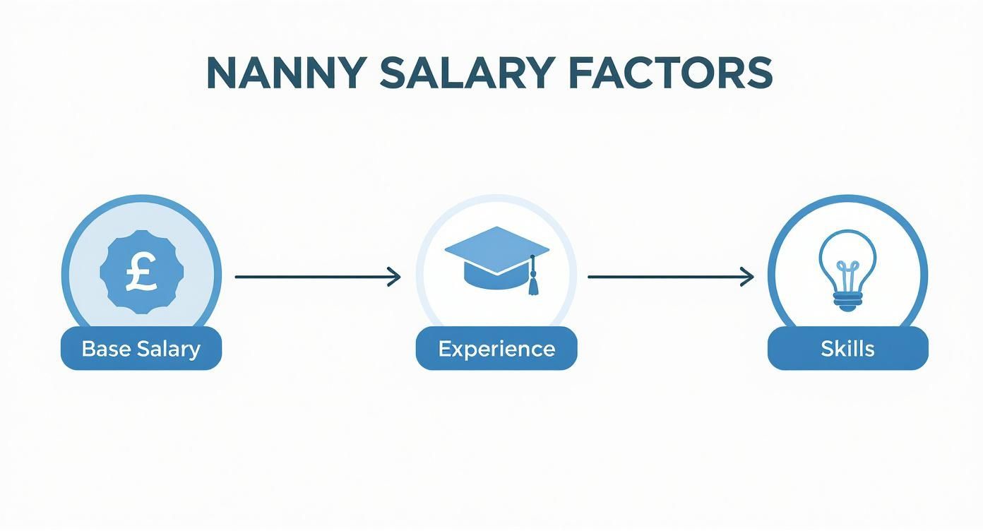 Flowchart illustrating key factors impacting nanny salaries: base salary, experience, and skills.