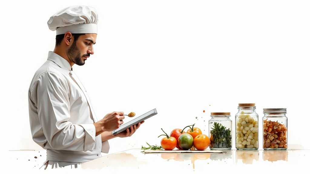 A chef in a white uniform holding a tablet and spoon with ingredients, preparing a meal.