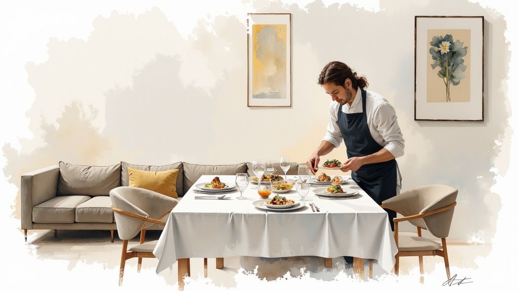 A male chef in an apron arranging gourmet dishes on an elegant dining table in a modern setting.