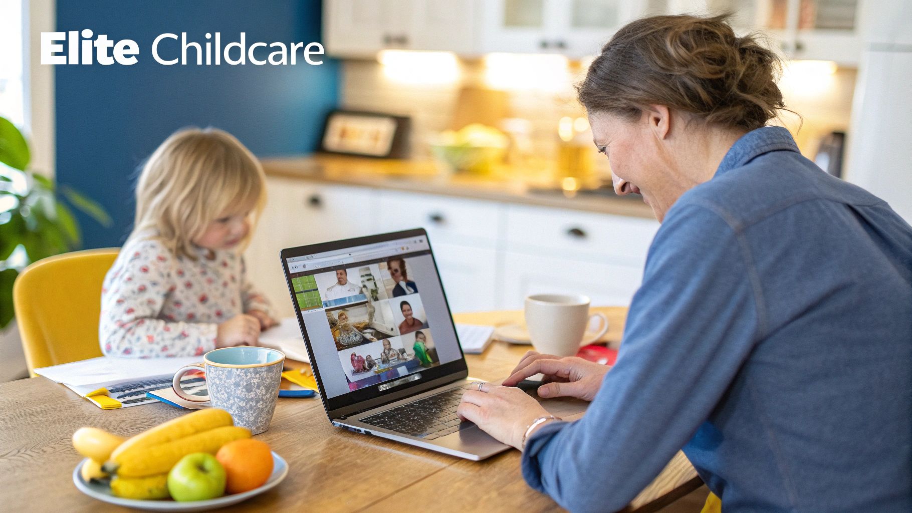 A professional nanny engaging with two young children in a well-lit, modern home.