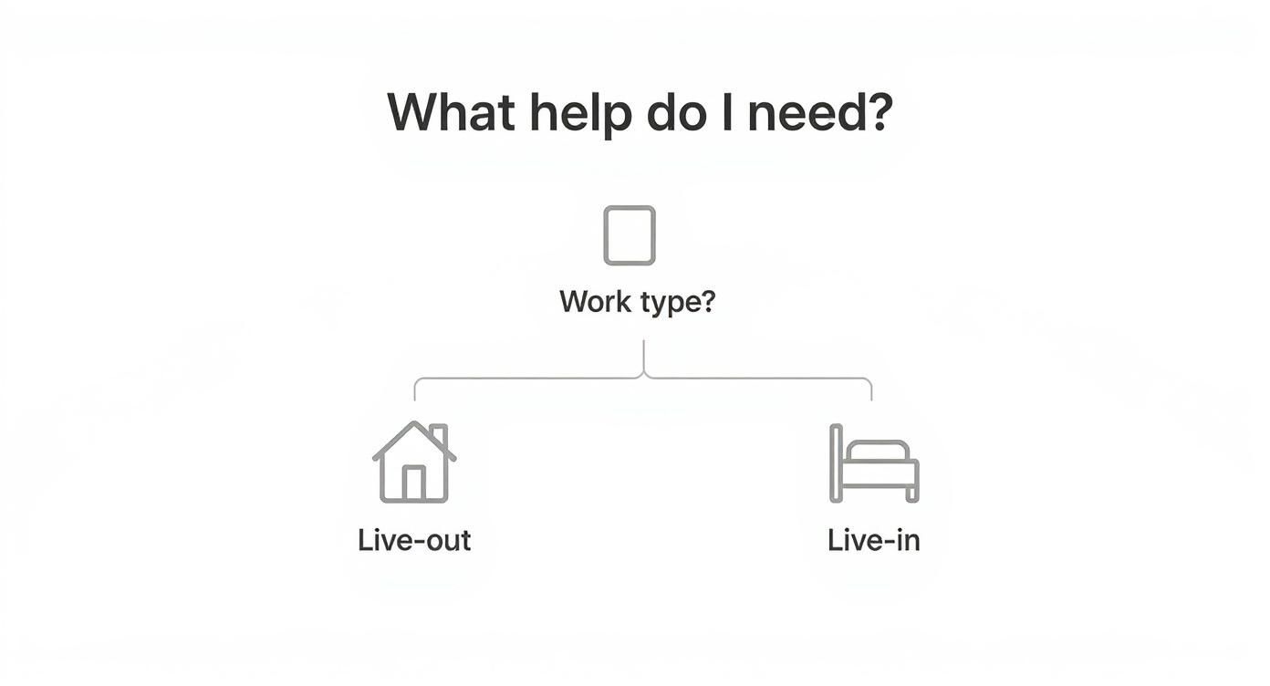A UI screen asking 'What help do I need?' showing 'Work type' options: Live-out or Live-in.