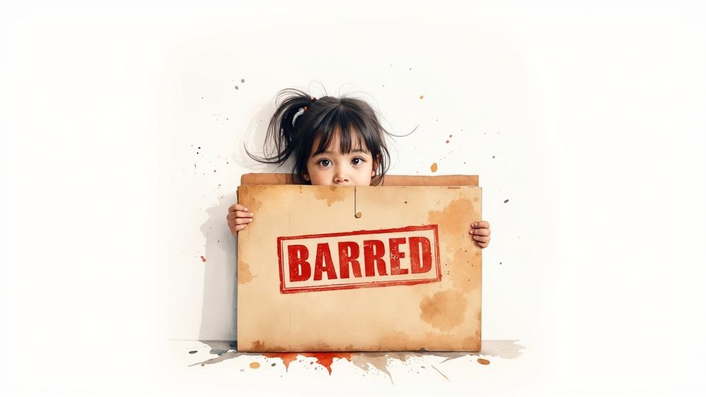A young child peeks over an old, brown file folder that has a red "BARRED" stamp.