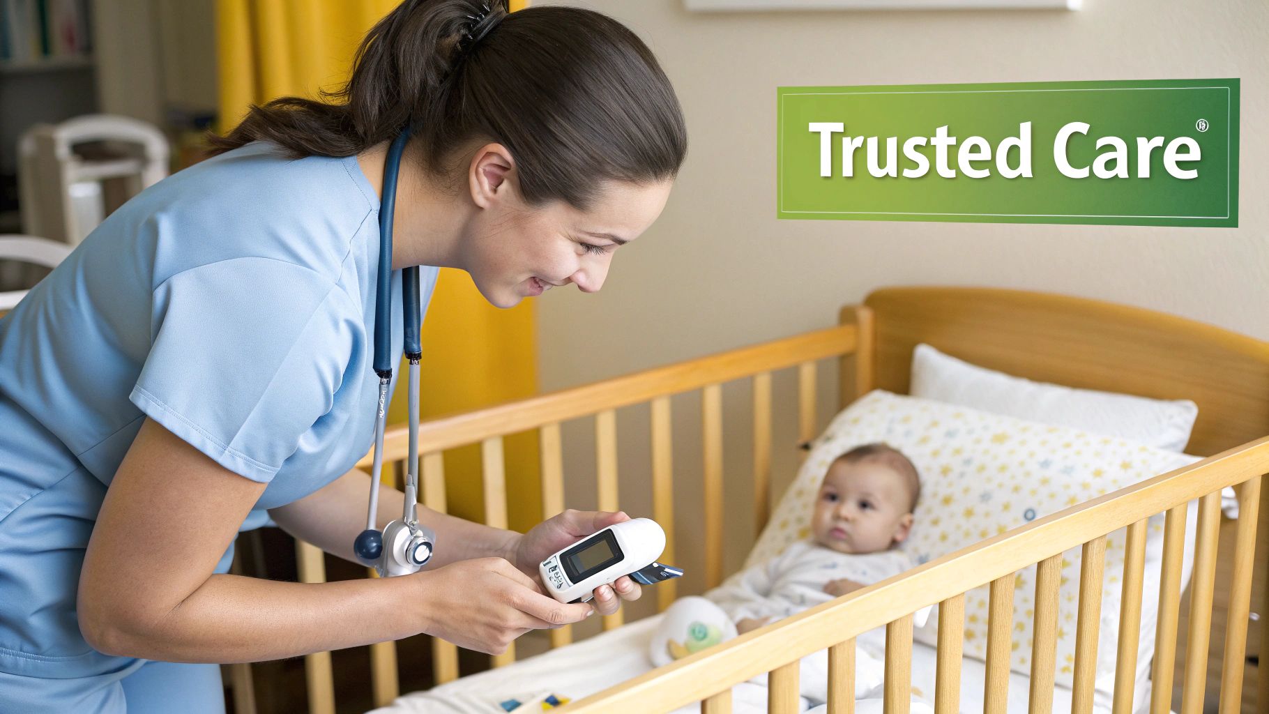 Night nurse gently holding a newborn baby at night