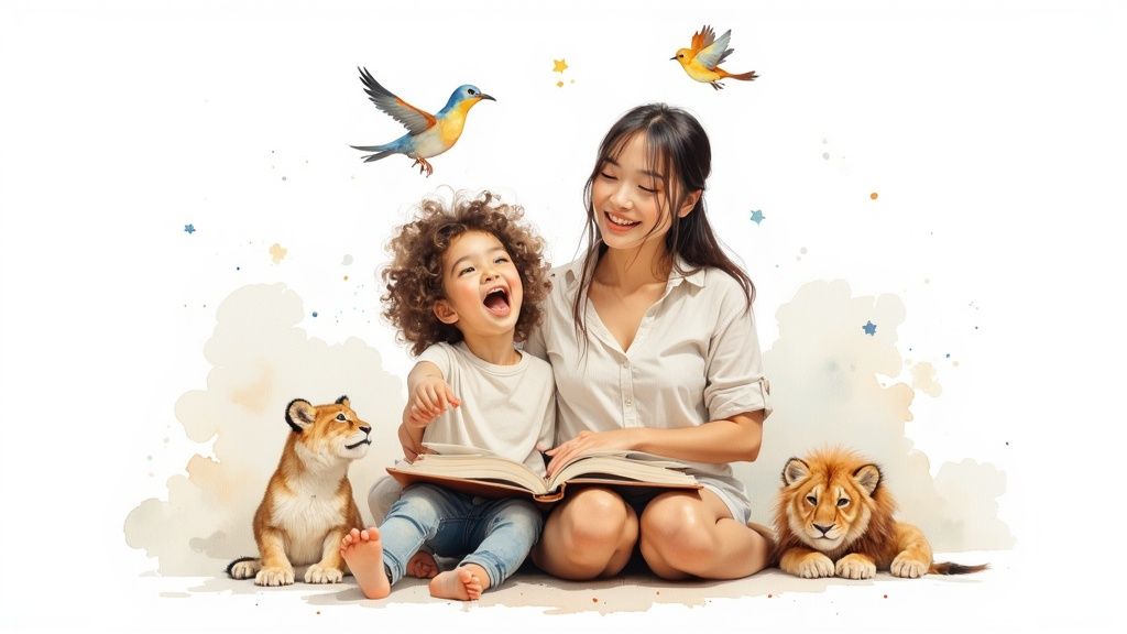 A joyful woman and child read a book together, surrounded by playful animals and flying birds.