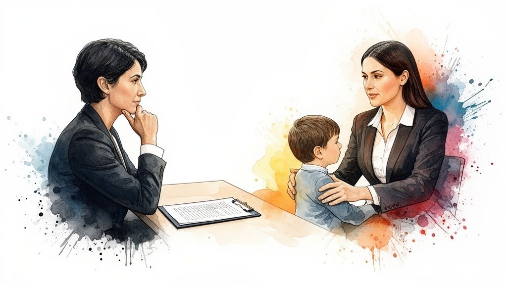 Watercolor illustration of two business women and a child at a table, possibly an interview or consultation.