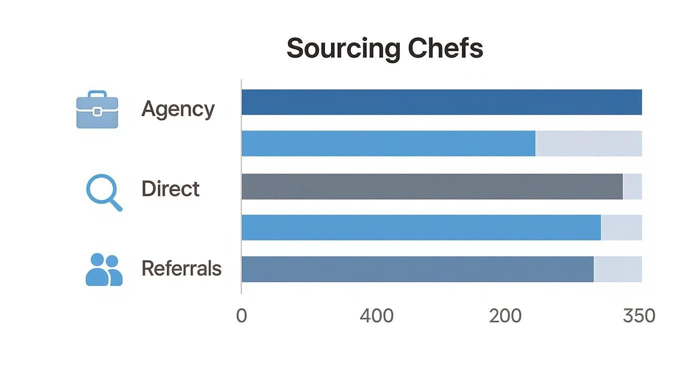 Horizontal bar chart displaying chef sourcing methods: Agency, Direct, and Referrals data.