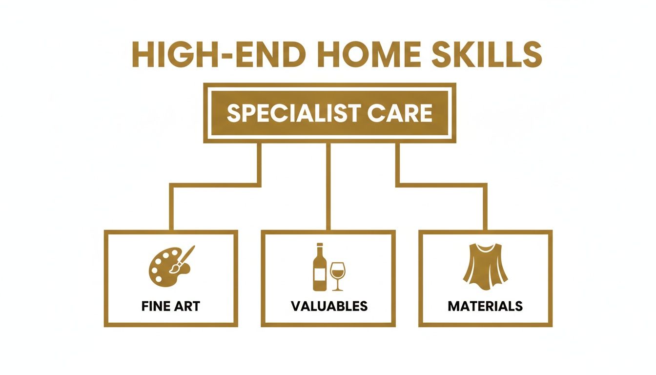 Diagram illustrating high-end home skills with specialist care for fine art, valuables, and materials.