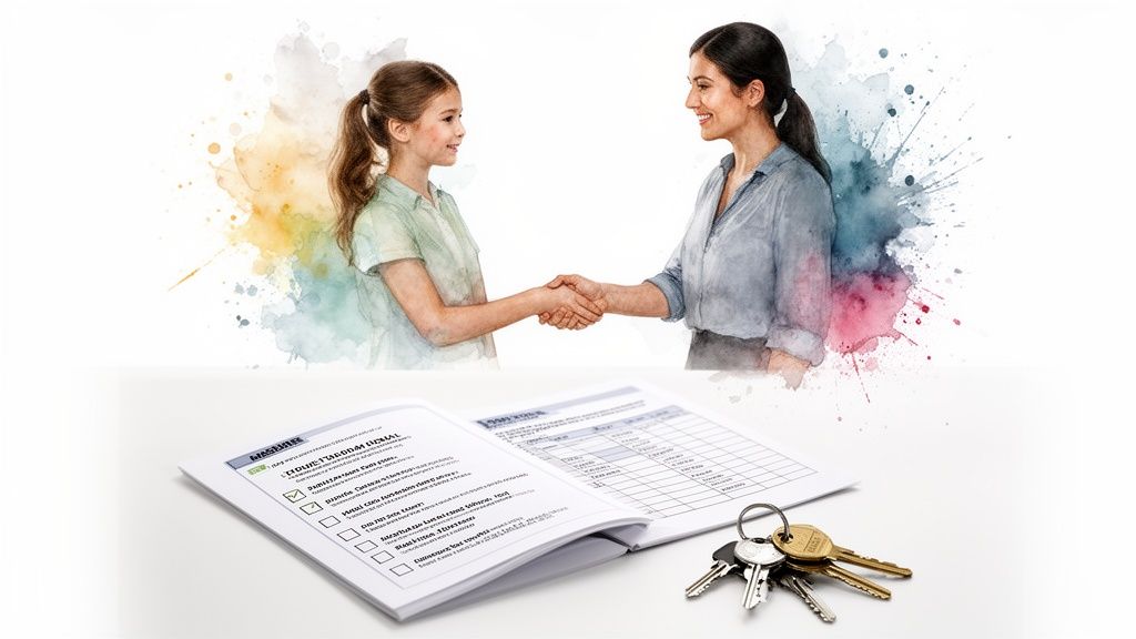 A woman and a young girl shaking hands, with a checklist and keys on a table, symbolizing an agreement.