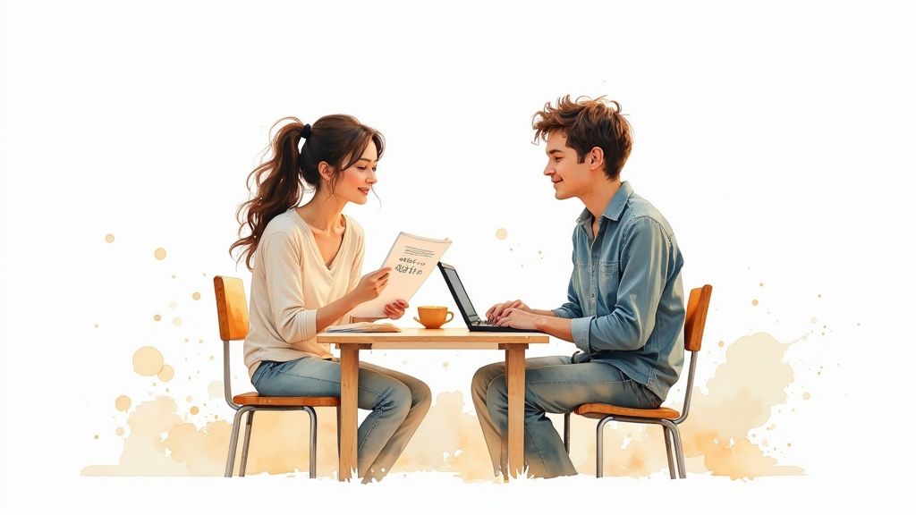 A nanny smiling and holding a young child's hands while they walk through a park