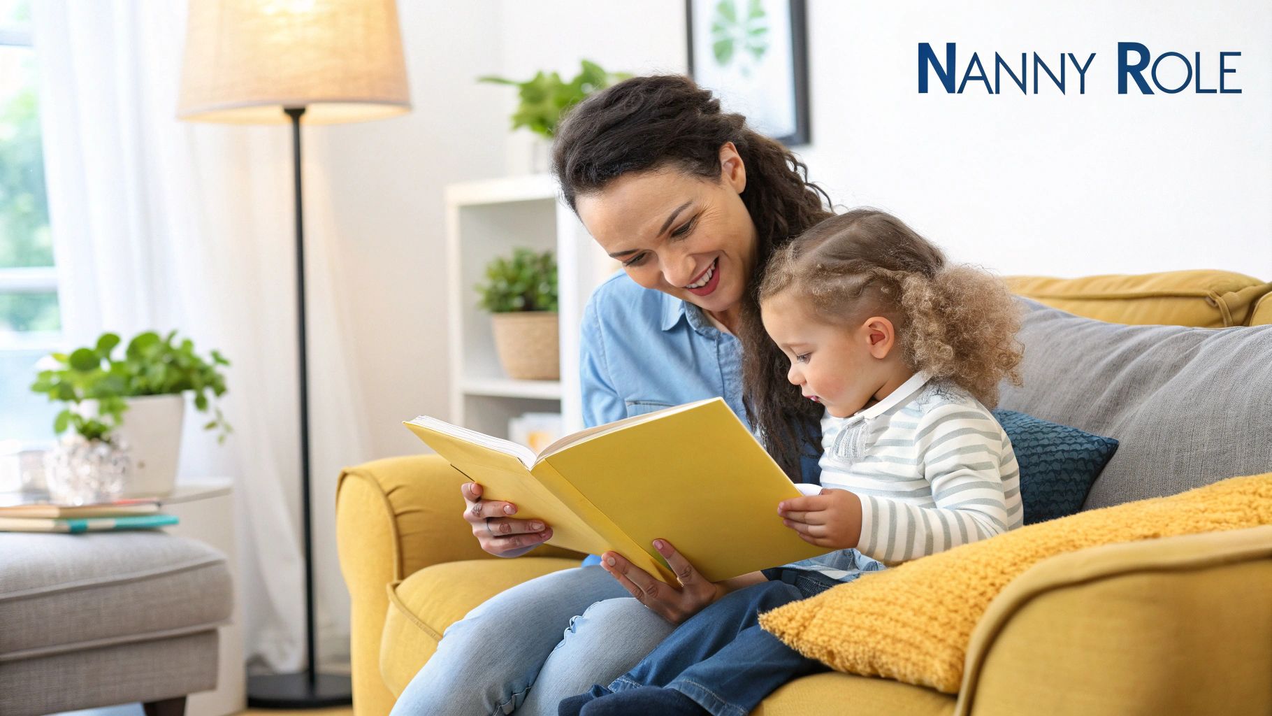 A nanny kneeling down to tie a young girl's shoelace in a sunny park