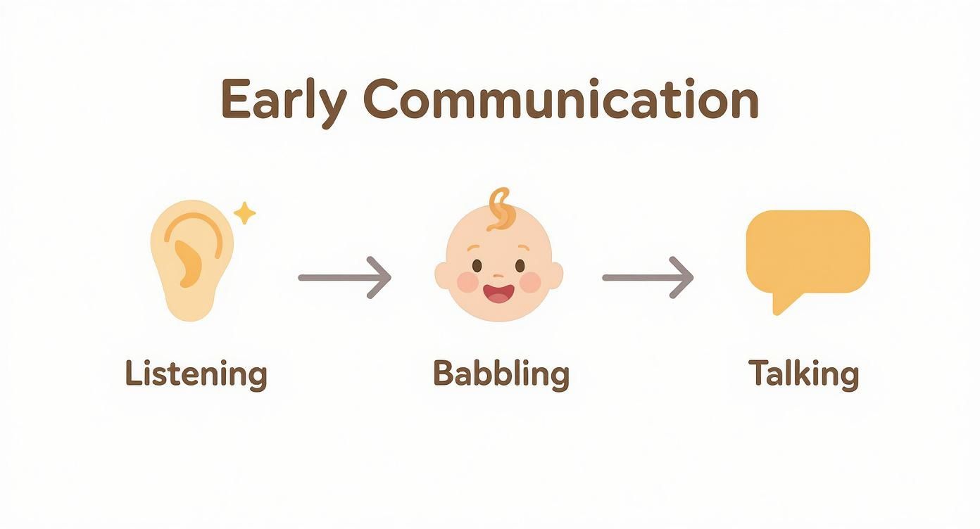 Diagram showing early communication stages: listening, babbling, and talking, with icons for each.