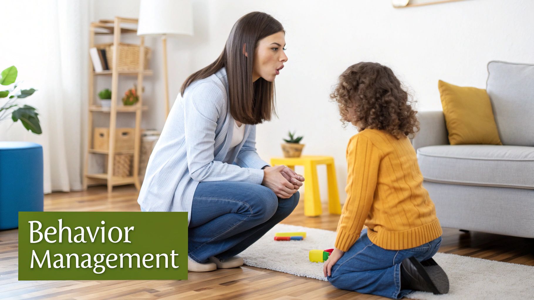 A nanny kneeling to speak calmly with a young child who is sitting on the floor, demonstrating a patient and supportive approach to discipline.