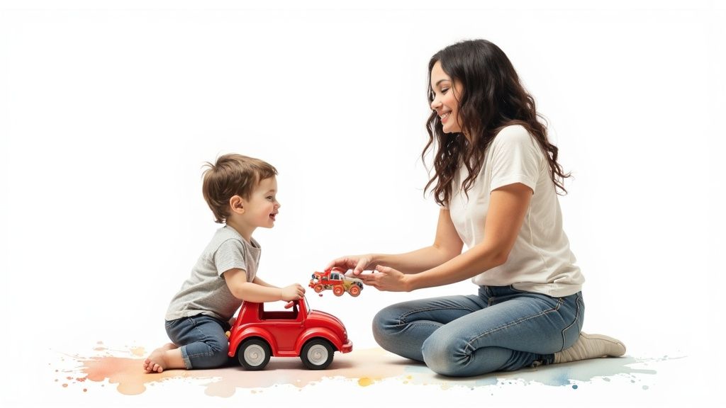 A happy mother and child sit on the floor, smiling and playing with toy cars.