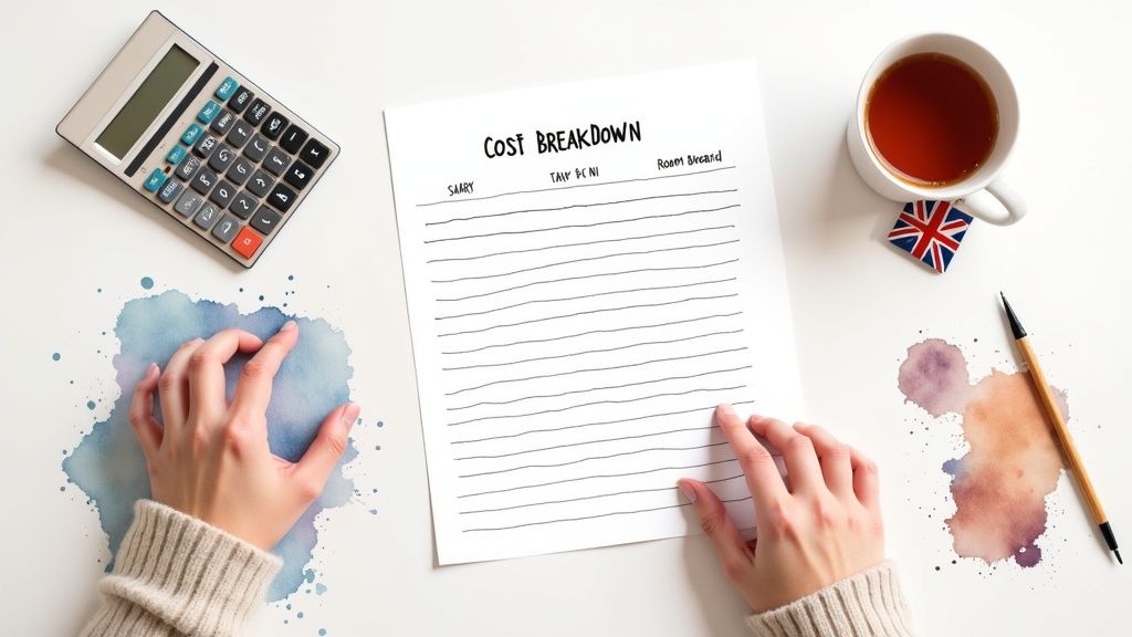 Flat lay of hands analyzing a cost breakdown sheet, calculator, tea, and pen on a white desk.